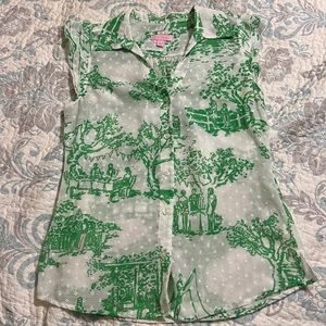 Lily Pulitzer button down blouse SZ: 0 green white and hint of pink Picnic scene